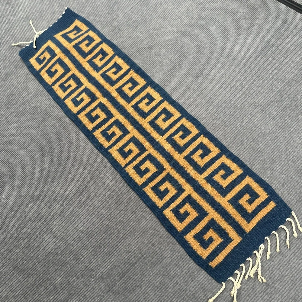 Handwoven Wool Greek Key Runner Navy Blue Mustard‎ Yellow Geometric Textile 26x8